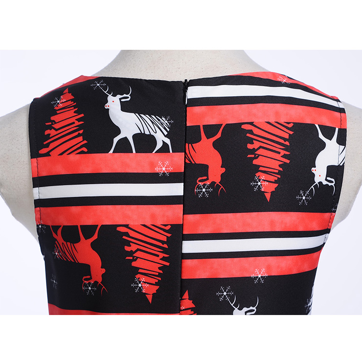 Vintage Dress for Women Black, Christmas Dresses for Women Cocktail Party, Casual Swing Dress, Sleeveless Swing Dress, Christmas Reindeer Print Dress, Christmas Party Dress, #N18277