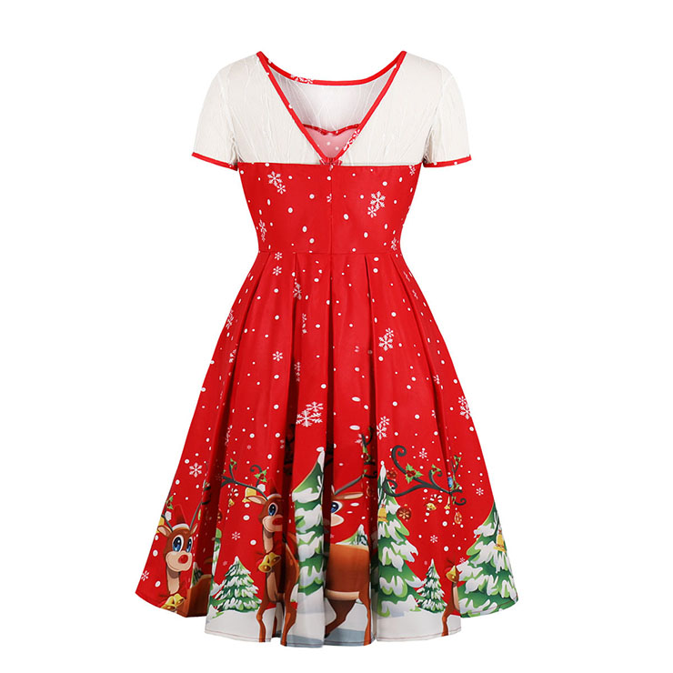 Vintage Dress for Women Red, Christmas Dresses for Women Cocktail Party, Casual Swing Dress, Short Sleeves High Waist Swing Dress, Christmas Reindeer Print Dress, Christmas Party Dress, #N18377
