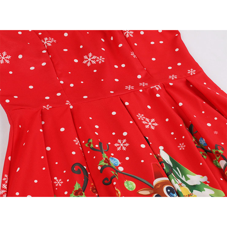 Vintage Dress for Women Red, Christmas Dresses for Women Cocktail Party, Casual Swing Dress, Short Sleeves High Waist Swing Dress, Christmas Reindeer Print Dress, Christmas Party Dress, #N18377