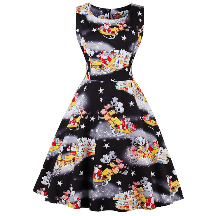 Fashion Bateau Neck Christmas Santa Print Sleeveless Vintage Swing Dress N15127