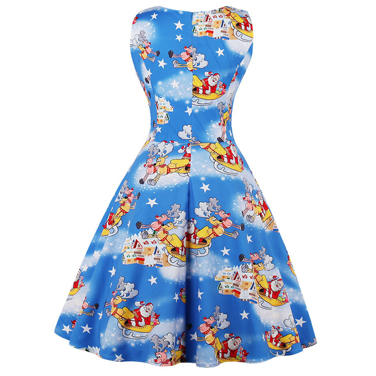 Vintage Dress for Women Blue, Christmas Dresses for Women Cocktail Party, Casual Swing Dress, Sleeveless Swing Dress, Christmas Print Dresses, Christmas Party Dress, #N15128