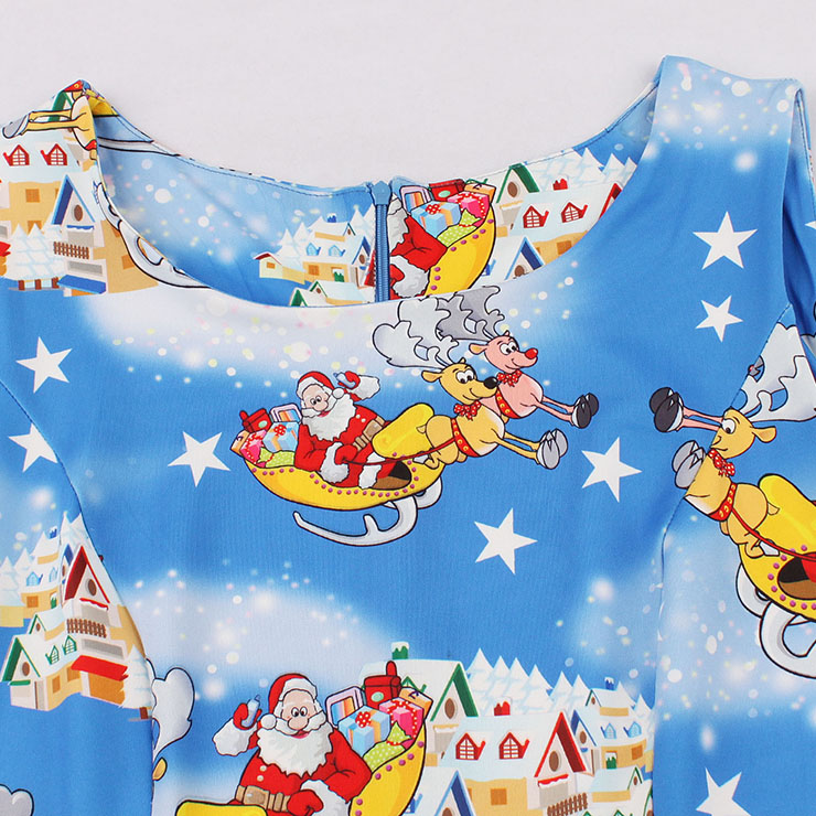 Vintage Dress for Women Blue, Christmas Dresses for Women Cocktail Party, Casual Swing Dress, Sleeveless Swing Dress, Christmas Print Dresses, Christmas Party Dress, #N15128