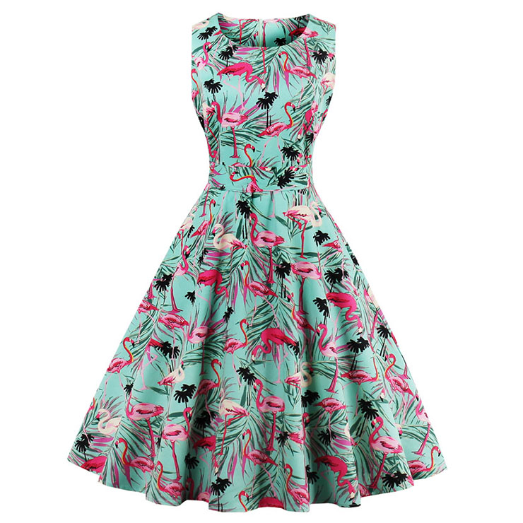 1950 S Vintage Pink Flamingo Print Sleeveless Dress N12862