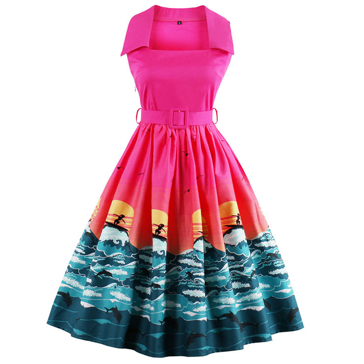 Women's Vintage Square Neck Ruffled Sleeveless Dress N12868