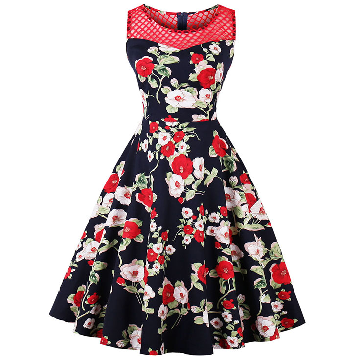 Retro 1950's Bateau Neck Floral Print Hollow Sleeveless Vintage Dress N14947