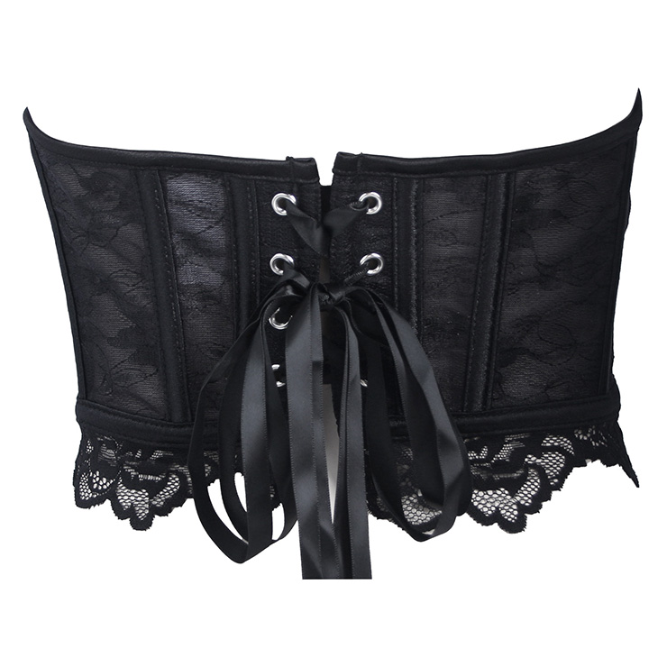 corset, bustier, black lace, back lace-up, boned, sweetheart neckline, scalloped trim, gothic, bridal, wedding, party, layering, feminine, vintage, cropped #N23927