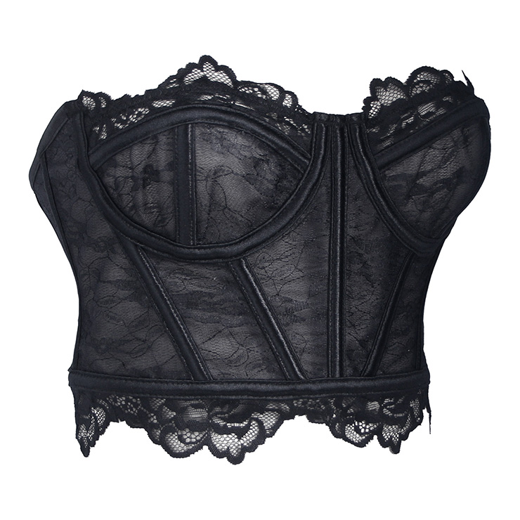 corset, bustier, black lace, back lace-up, boned, sweetheart neckline, scalloped trim, gothic, bridal, wedding, party, layering, feminine, vintage, cropped #N23927