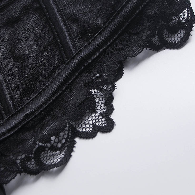 corset, bustier, black lace, back lace-up, boned, sweetheart neckline, scalloped trim, gothic, bridal, wedding, party, layering, feminine, vintage, cropped #N23927