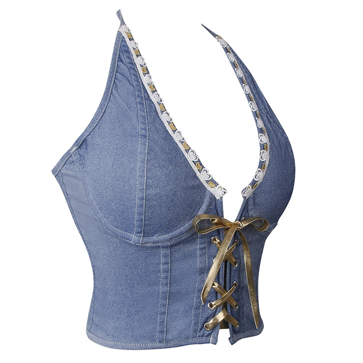 vintage denim corset, adjustable halter top, gold lace bustier, front tie corset top, retro western wear, steampunk costume top, festival fashion, shapewear top, blue denim bustier, 1950s inspired top #N237816