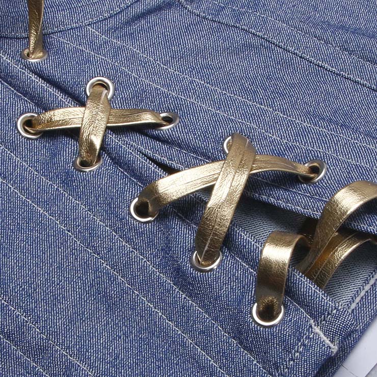 vintage denim corset, adjustable halter top, gold lace bustier, front tie corset top, retro western wear, steampunk costume top, festival fashion, shapewear top, blue denim bustier, 1950s inspired top #N237816