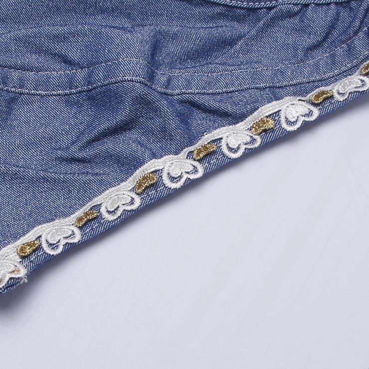 vintage denim corset, adjustable halter top, gold lace bustier, front tie corset top, retro western wear, steampunk costume top, festival fashion, shapewear top, blue denim bustier, 1950s inspired top #N237816