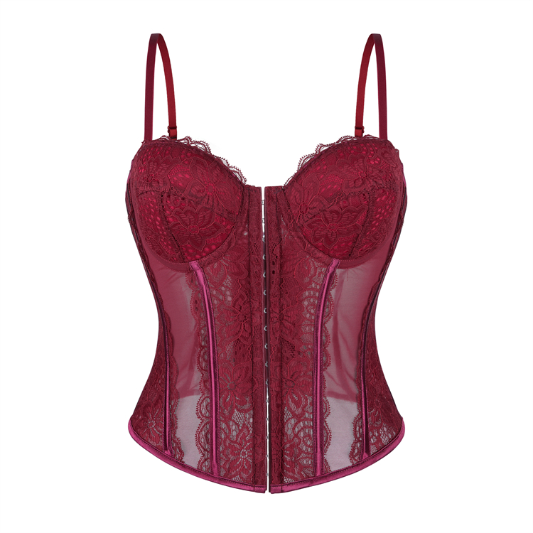 Burgundy Wine Lace Corset - Adjustable Vintage Bustier with Sheer Mesh N23794