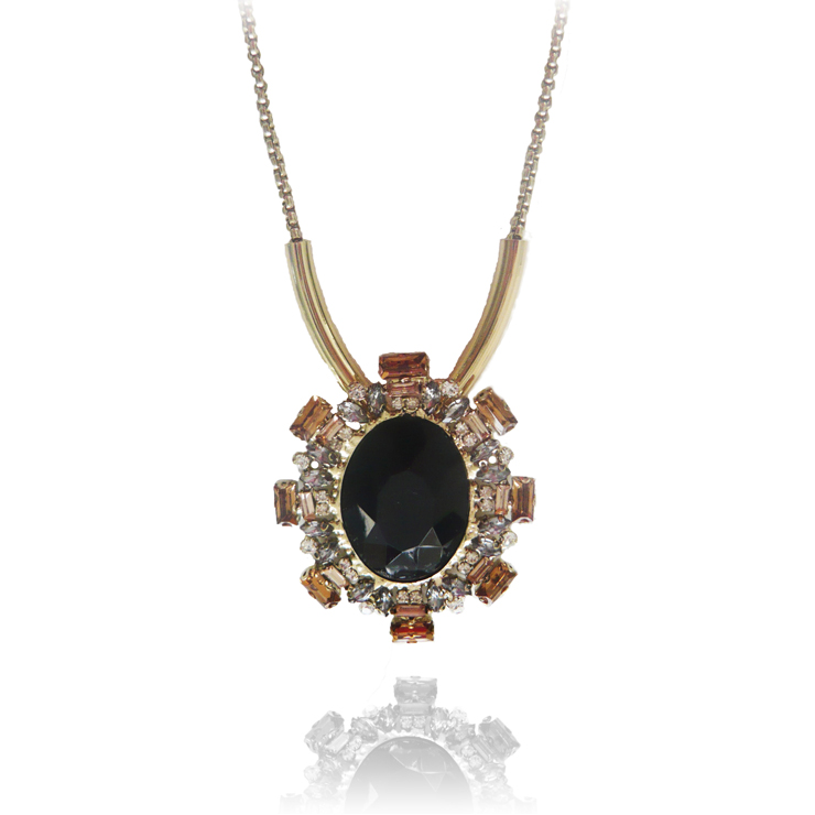 Fashion Gold Metal Black Gem Women's Statement Necklace Pendant J7426