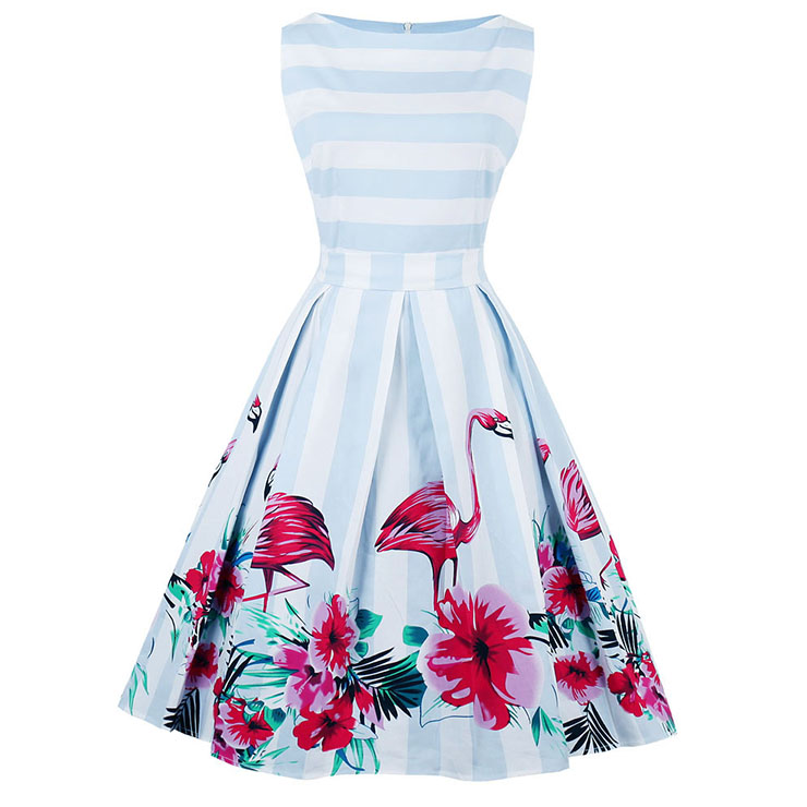 Women's 1950's Vintage Flamingo Print Sleeveless Striped Rockbilly Dress N14645
