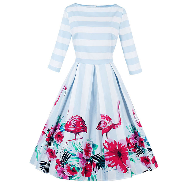 Women's 1950's Vintage Flamingo Print 3/4 Length Sleeve Striped Rockbilly Swing Dress N14646