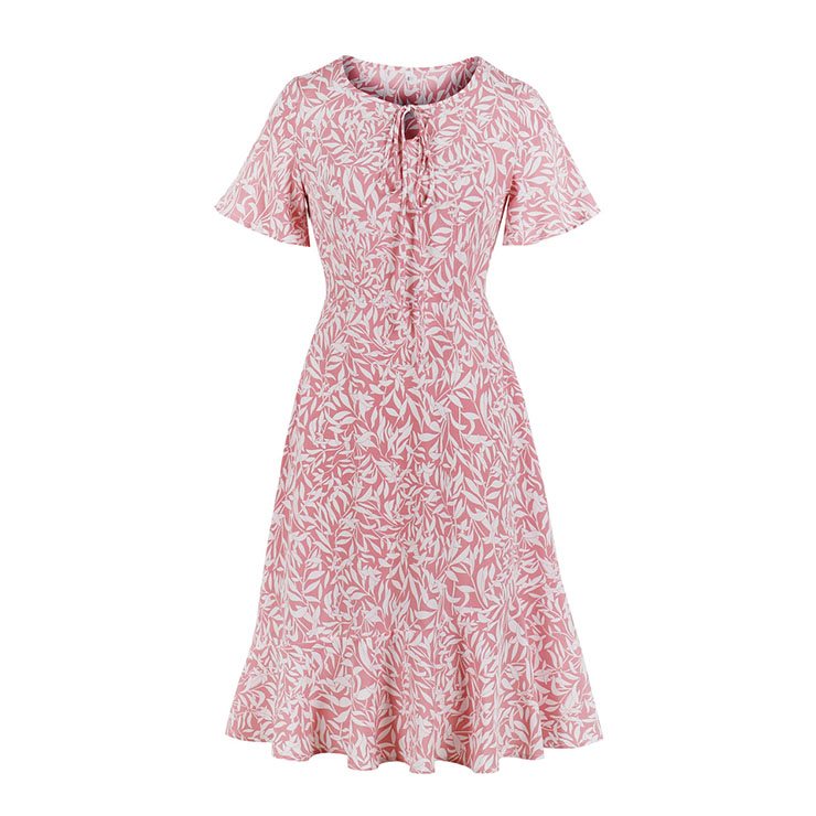 Vintage Leaves Print Round Neck Lacing Flared Sleeve Slim Waist Party Fishtail Dress N20835