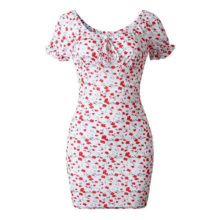Sexy White Floral Print Off Shoulder Lace-up Short Sleeve  Backless Mid Waist Summer Dress N21097