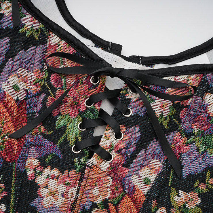 Vintage corset top, floral bustier, adjustable lace-up, women