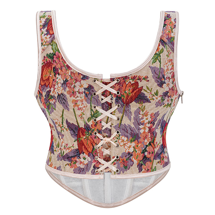 Vintage corset top, floral bustier, adjustable lace-up, women