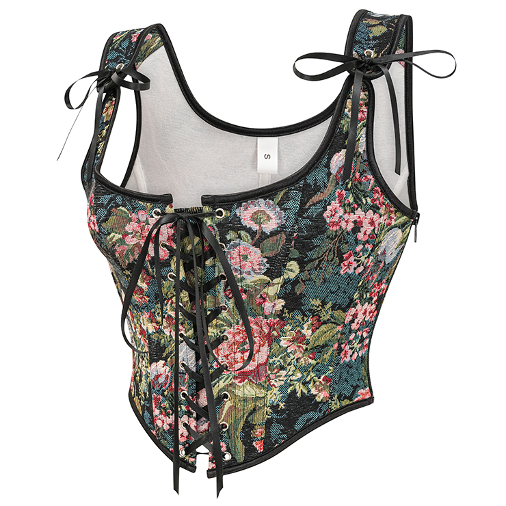 vintage corset top, floral bustier, adjustable lace-up, square neckline, retro shapewear, women