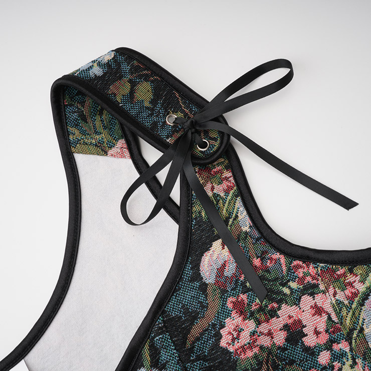 vintage corset top, floral bustier, adjustable lace-up, square neckline, retro shapewear, women