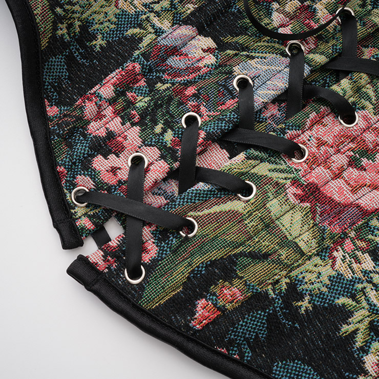 vintage corset top, floral bustier, adjustable lace-up, square neckline, retro shapewear, women
