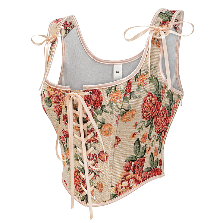 vintage corset top, floral bustier, adjustable lace-up, square neckline, retro shapewear, women