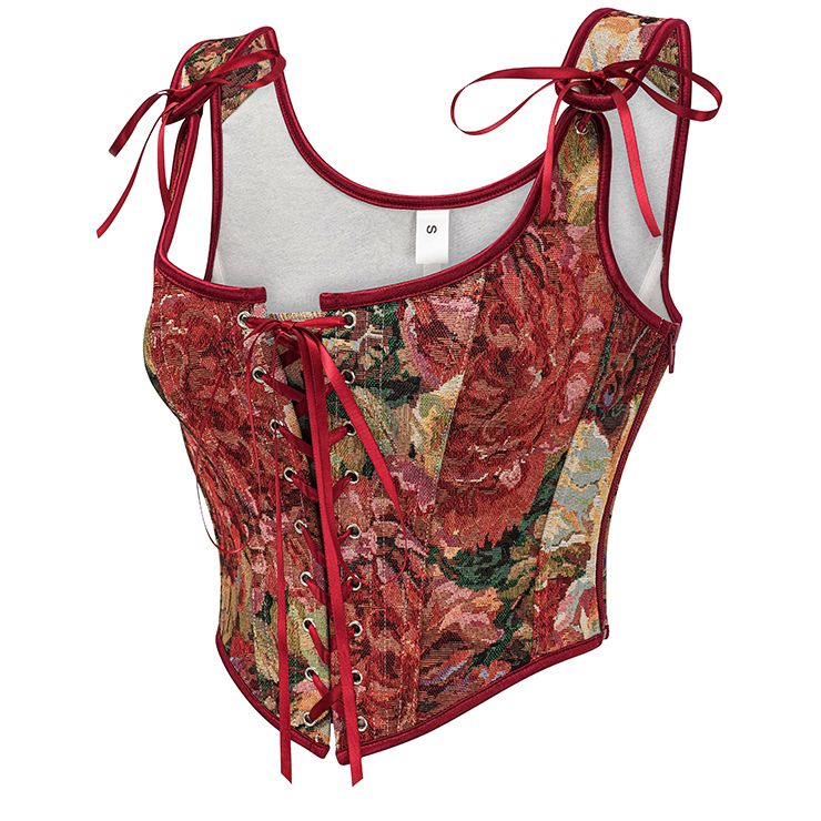 vintage corset top, floral bustier, adjustable lace-up, square neckline, retro shapewear, women