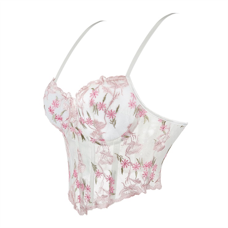 vintage corset top, floral embroidered top, mesh sheer top, lace bustier, back lace-up corset, romantic top, women