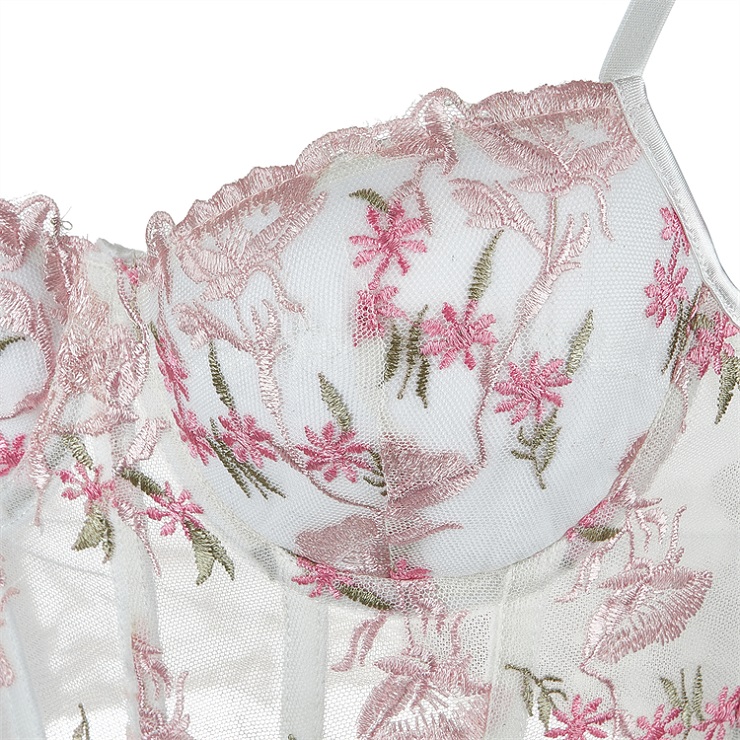 vintage corset top, floral embroidered top, mesh sheer top, lace bustier, back lace-up corset, romantic top, women
