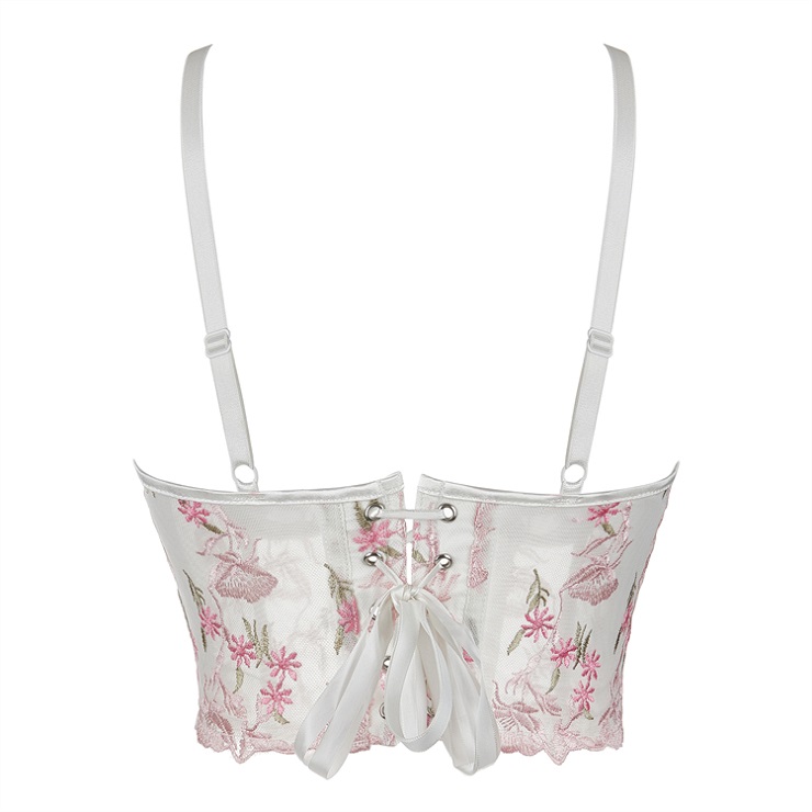 vintage corset top, floral embroidered top, mesh sheer top, lace bustier, back lace-up corset, romantic top, women