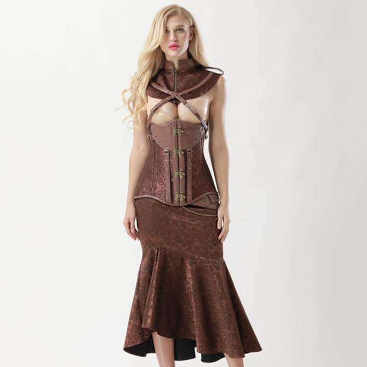 Women's Vintage Brown Steel Boned Faux Leather Jacquard Underbust Corset Skirt Set N15140