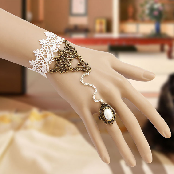 Vintage Bracelet, Gothic Bracelet, Cheap Wristband, Vintage White Lace Bracelet, Victorian White Bracelet, Retro Wristband, Bracelet with Ring, #J17832