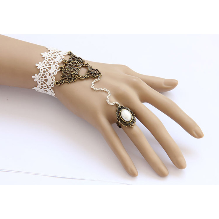 Vintage Bracelet, Gothic Bracelet, Cheap Wristband, Vintage White Lace Bracelet, Victorian White Bracelet, Retro Wristband, Bracelet with Ring, #J17832