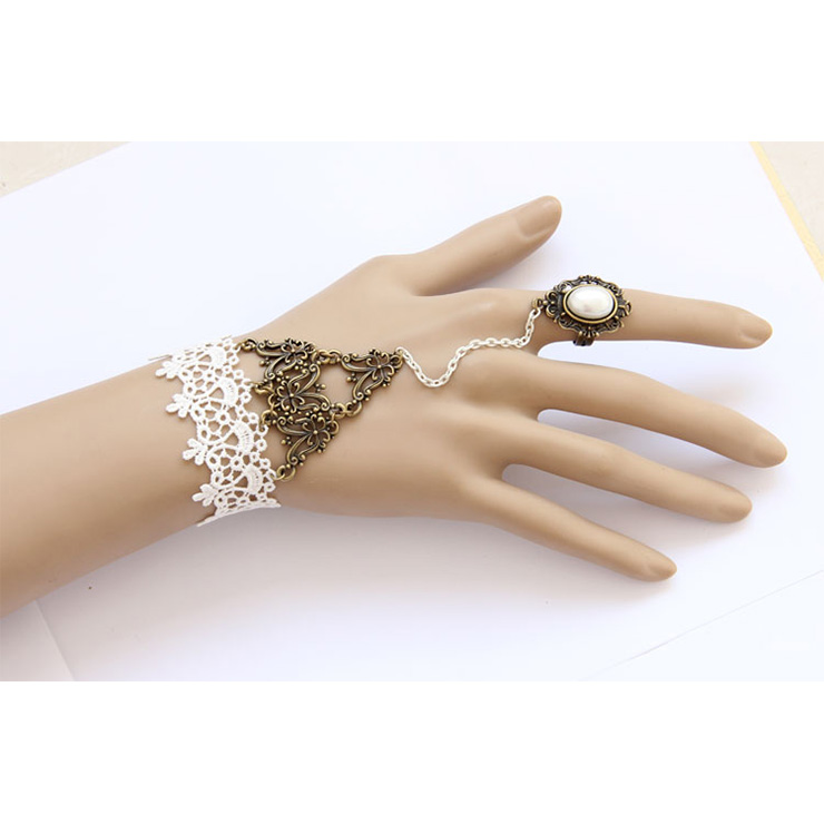 Vintage Bracelet, Gothic Bracelet, Cheap Wristband, Vintage White Lace Bracelet, Victorian White Bracelet, Retro Wristband, Bracelet with Ring, #J17832