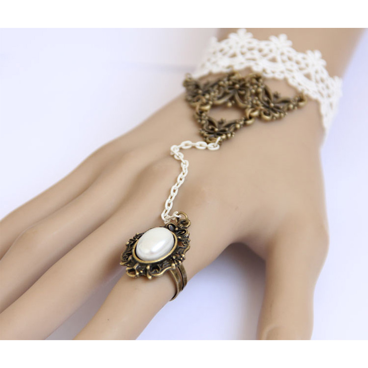 Vintage Bracelet, Gothic Bracelet, Cheap Wristband, Vintage White Lace Bracelet, Victorian White Bracelet, Retro Wristband, Bracelet with Ring, #J17832