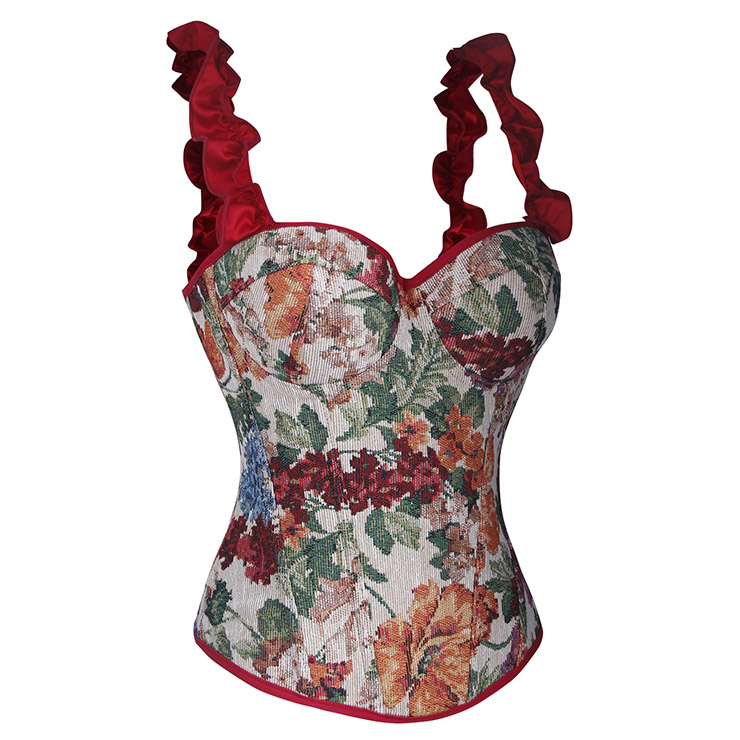 corset, floral print, red ruffle straps, back lace-up, vintage style, sweetheart neckline, cropped top, tapestry pattern, romantic, edgy, party wear, date night, boned bustier, feminine, statement piece #N23930