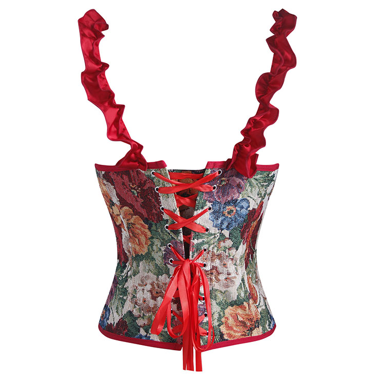 corset, floral print, red ruffle straps, back lace-up, vintage style, sweetheart neckline, cropped top, tapestry pattern, romantic, edgy, party wear, date night, boned bustier, feminine, statement piece #N23930