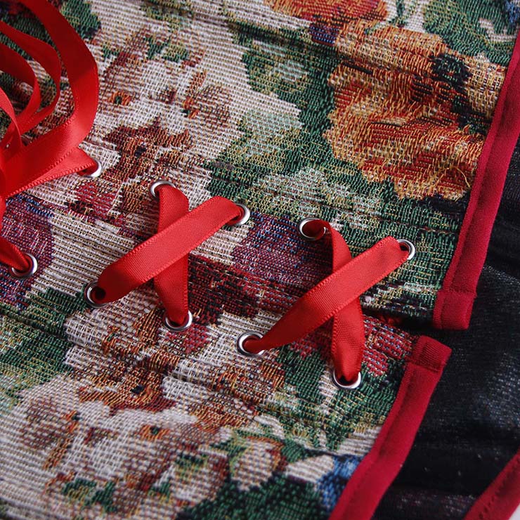 corset, floral print, red ruffle straps, back lace-up, vintage style, sweetheart neckline, cropped top, tapestry pattern, romantic, edgy, party wear, date night, boned bustier, feminine, statement piece #N23930