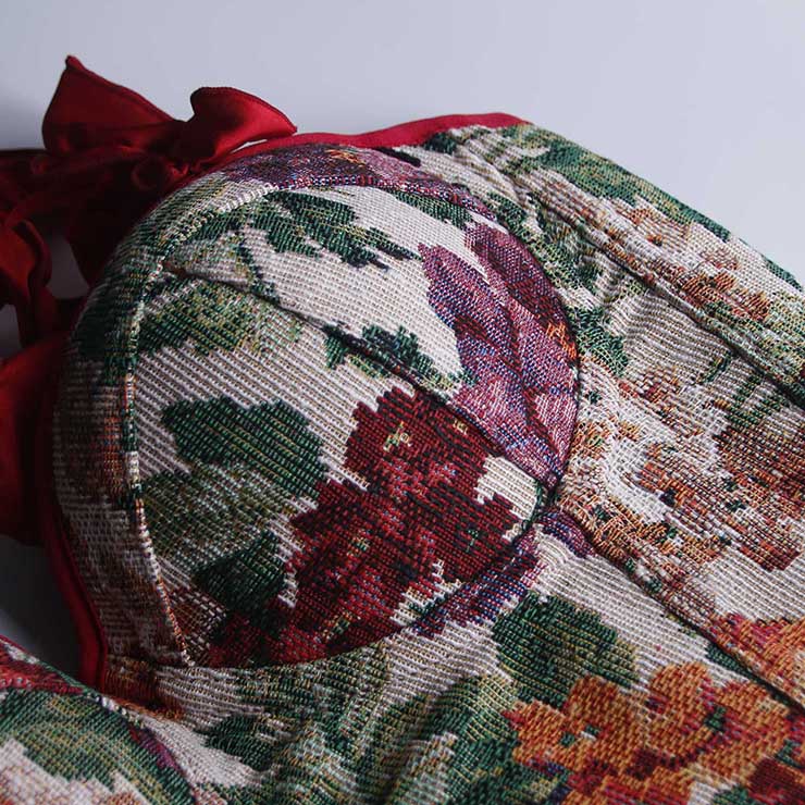 corset, floral print, red ruffle straps, back lace-up, vintage style, sweetheart neckline, cropped top, tapestry pattern, romantic, edgy, party wear, date night, boned bustier, feminine, statement piece #N23930