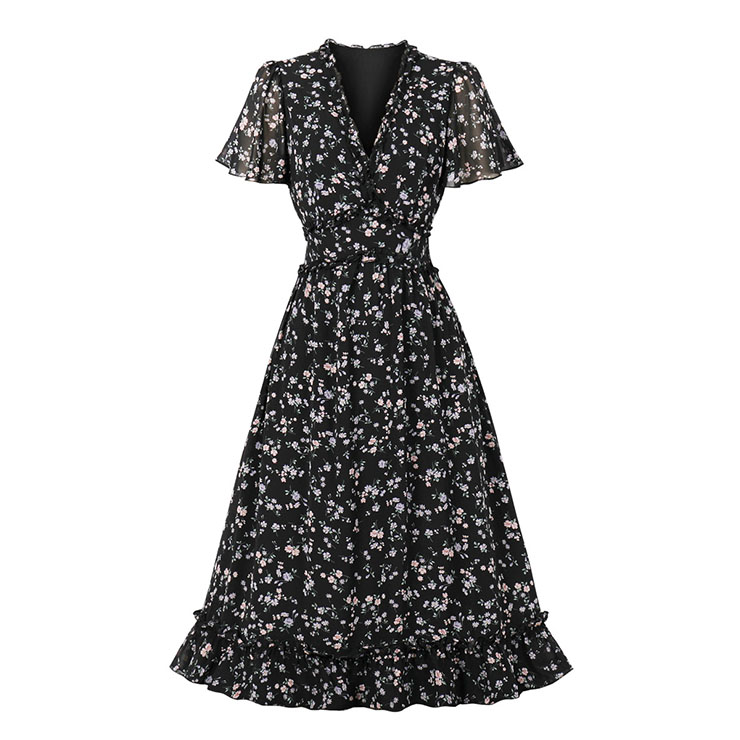 Vintage Floral Print Ruffle V Neckline Flare Sleeve Summer Rockabilly Party Midi Dress N22266