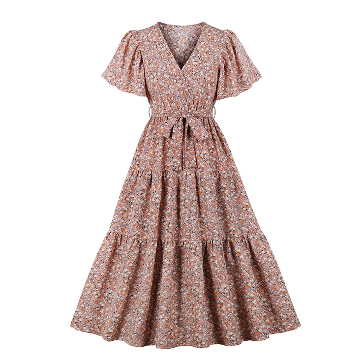 Vintage Floral Print Surplice Neckline Flare Sleeve Rockabilly Party Tiered Dress with Belt N22100