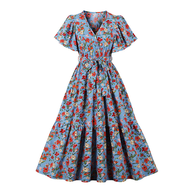 Vintage Floral Print Surplice Neckline Flare Sleeve Rockabilly Party Tiered Dress with Belt N22101
