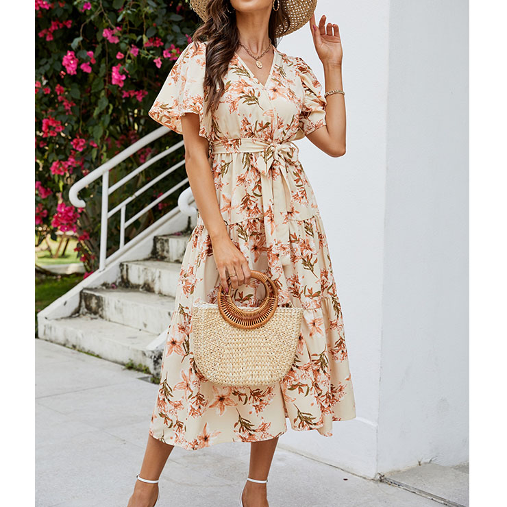Vintage Floral Print Surplice Neckline Flare Sleeve Rockabilly Party Tiered Dress with Belt N22102