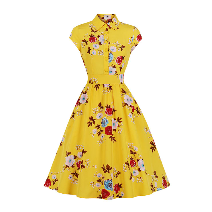 Vintage Floral Print Lapel Short Sleeve Button Bodice High Waist Office Lady Daily Midi Dress N22071