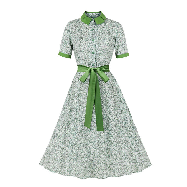Vintage Floral Print Lapel Short Sleeve Button Bodice Belted Office Lady Daily Midi Dress N22073