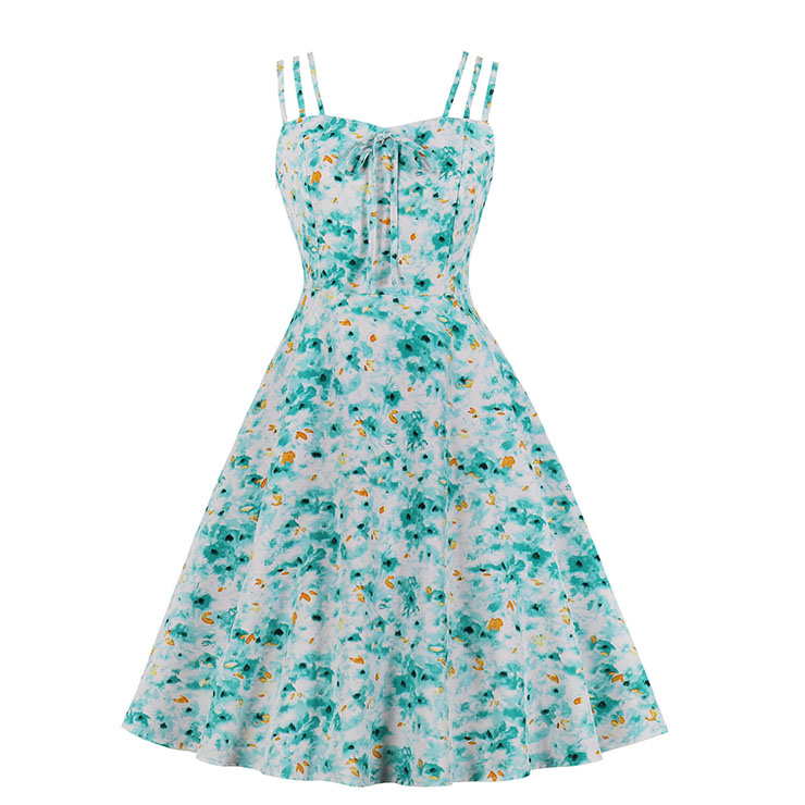 Vintage Floral Print Spaghetti Straps Sleeveless High Waist Summer Party Swing Slip Dress N20569