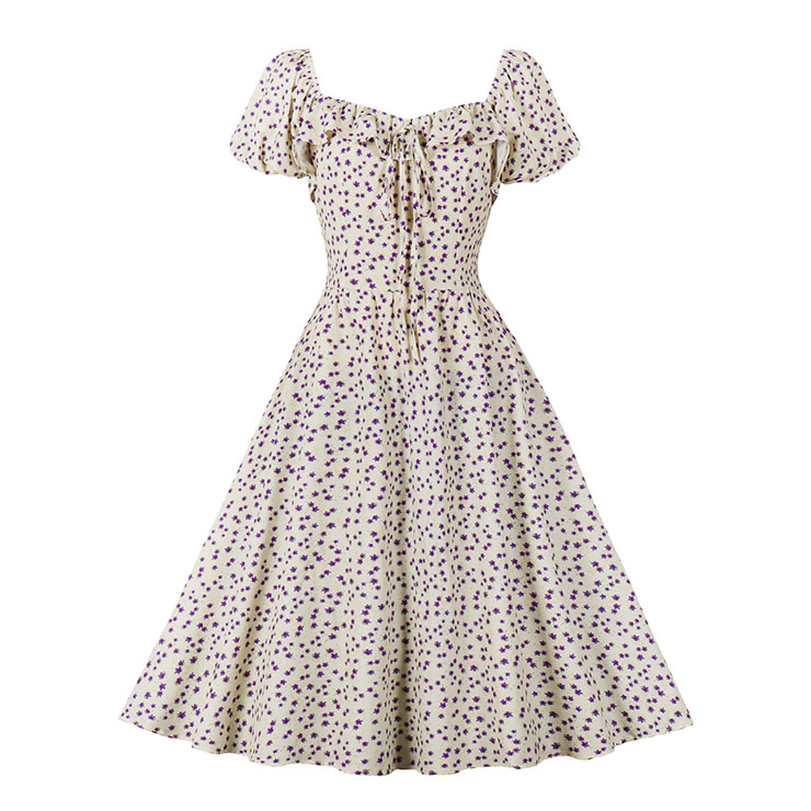Vintage Floral Print Square Neckline Ruffle Lace-up Puff Sleeve Summer Swing Dress N22263