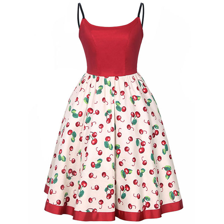 Women's Vintage Floral Print Sweetheart Neckline Spaghetti Strap Swing Midi Dresses N14395