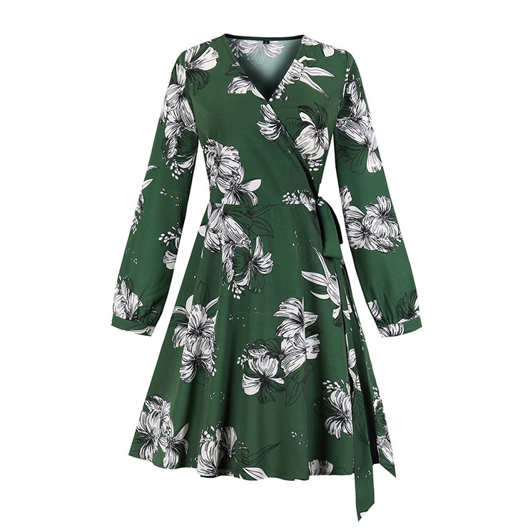 Vintage Floral Printed V Neck Side Tying Long Sleeve Party Swing Dress ...